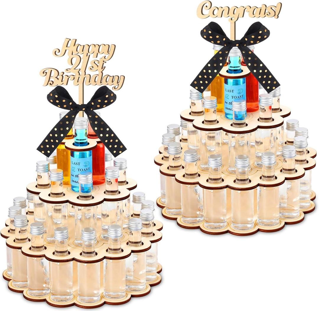 Honeydak Mini  Bottle Cake Display Shelf Wooden Party Centerpiece Display for Mini Bottles 21st Birthday Decor 21st Birthday Gifts for Him or Her, Hold 28 Bottles (Natural)