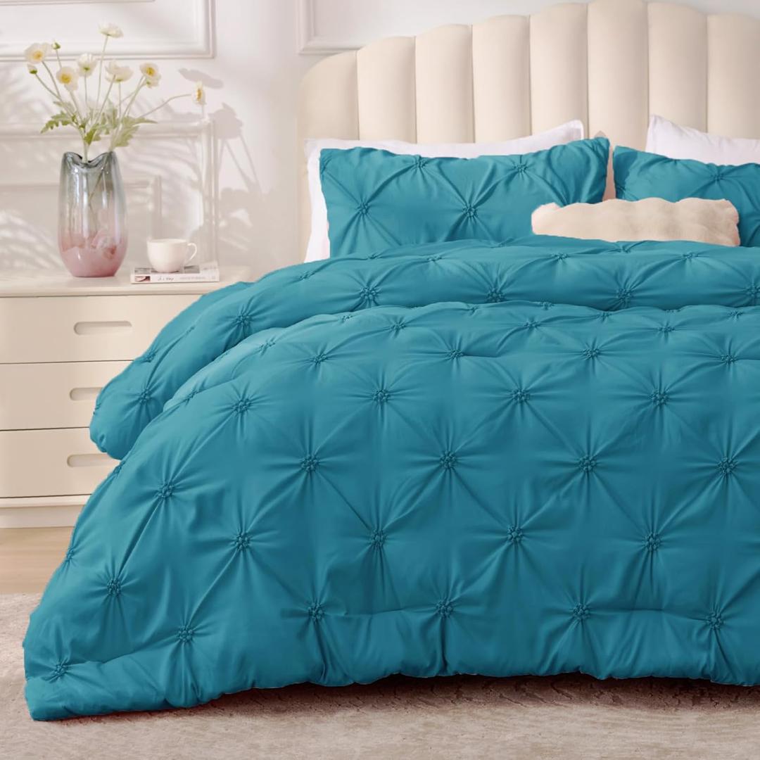 BEDELITE Teal Queen Comforter Set - 3 Pieces Boho Pintuck Bedding Comforter Sets, Lightweight Soft & Warm Bed Comforter Queen with 2 Pillowcases for All Season (Queen(88"x88"))