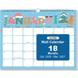 SUNEE 2026 Calendar, 18 Months 2026 Wall Calendar Hanging Calendar 11"x8.5", October 2025 to March 2027, for Organizing & Planning, Cute