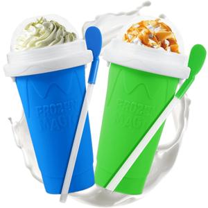 REGNBUE Slushie Cup, 2 Pack Slushy Maker Cup with Lid & Straw for Friends and Family, Portable Smoothie Squeeze cup for Milk, Juices, and Ice Cream Make (Blue+Green)