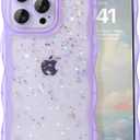 IAIYOXI Case for iPhone 14 - Curly Wave Edge Design, Bling Glitter Star Shiny Case, Cute Pink Clear Full Protection Soft TPU Shockproof Cover for Women and Girls (iPhone 14, Purple)