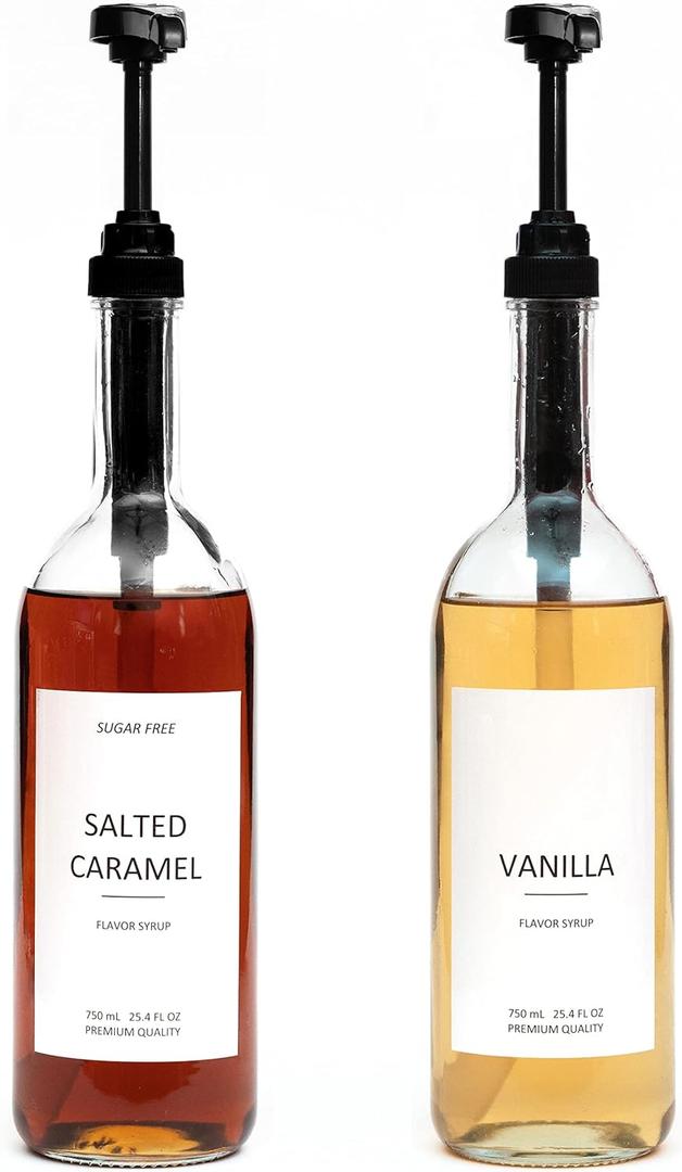 Demi's Home 25.4 oz 750 ml Glass Coffee Syrup Dispenser for Coffee Bar - 2 Pack - Comprehensive Label Set & oz Pumps Included