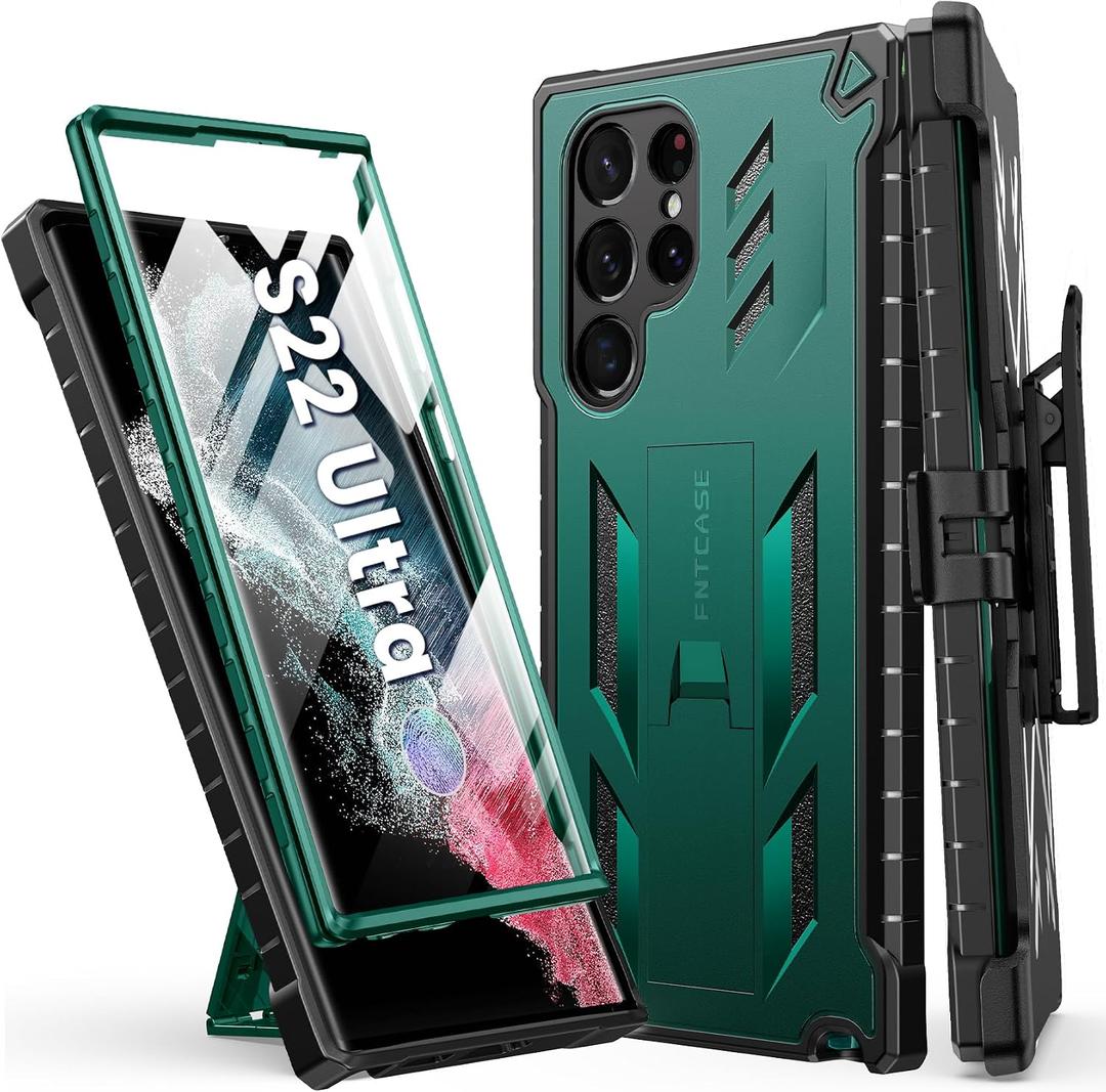 FNTCASE for Samsung Galaxy S22 Ultra Case: Built-in Screen Protector & Kickstand & Belt-Clip Holster, Full-Body Dual Layer Rugged Shockproof Protective Phone Cover-Jade Green