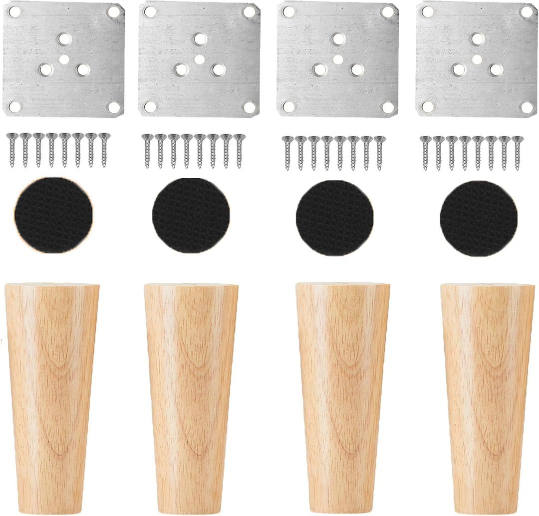 Set of 4 Nature Wood Furniture Leg, 6 Inch Round Sofa Feet Replacement Legs, Chair Bed Closet Cabinet Furniture Feet with Metal Mounting Plates, Screws, Floor Protector Pads for Table Couch