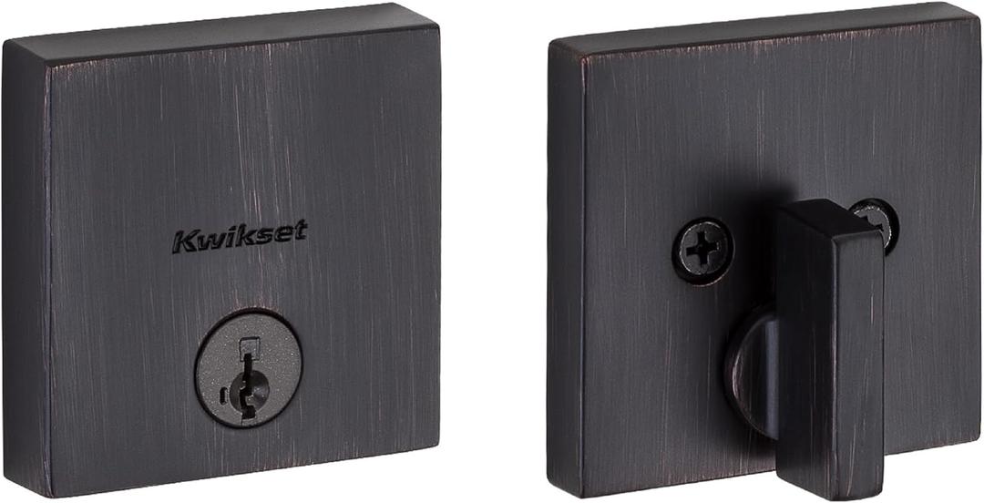 Kwikset Downtown Deadbolt Lock, Venetian Bronze Square Exterior Keyed Front Entry Door, Pick Resistant SmartKey Rekey Security, Single Cylinder Dead Bolt, with Microban Protection (0.5" x 2.63" x 2.63")