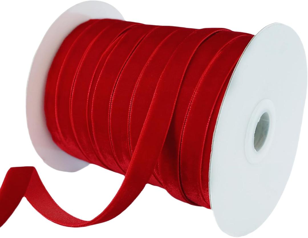 Abbaoww 50 Yards Vintage Red Velvet Ribbon 3/8 Inch Wide for Gift Wrapping Christmas Wedding Home Decoration DIY Projects (Red)