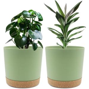 QCQHDU 8 inch Plant Pot, 2 Pack Planters for Indoor Plants with Drainage Holes & Saucer, Outdoor Flower Pots Home Garden Modern Decor (Green)