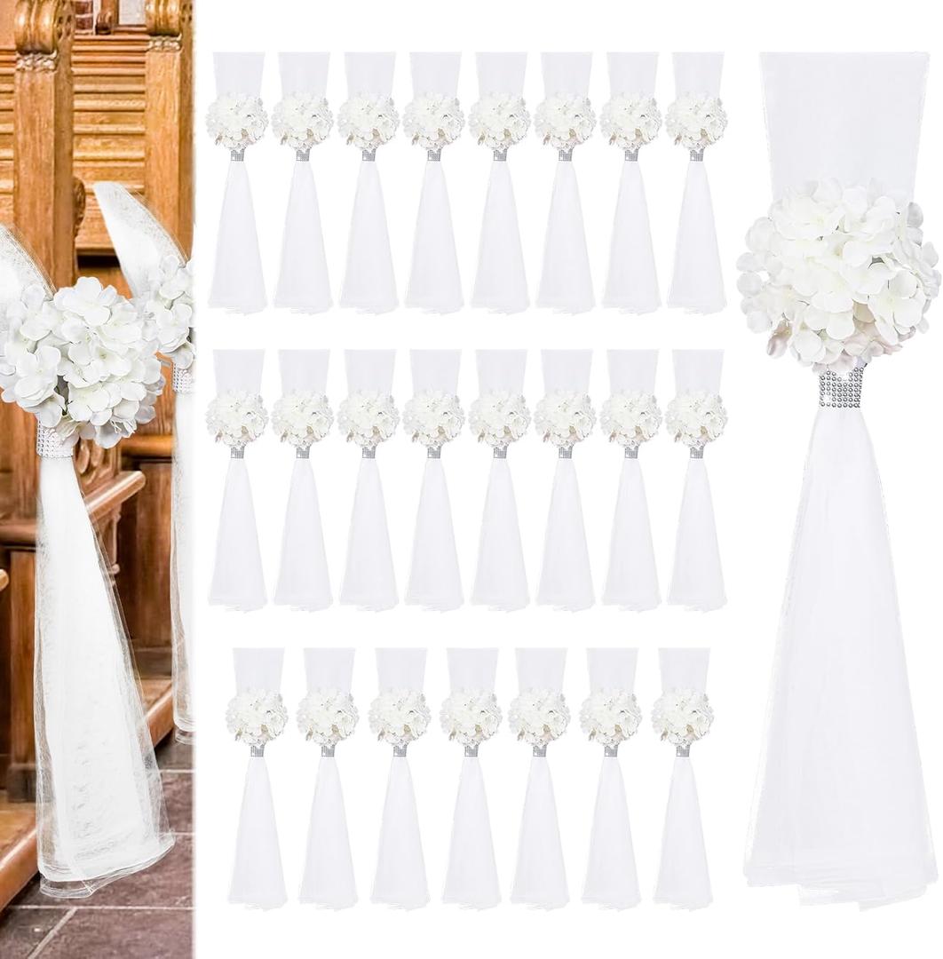 24 Set Large Wedding Hydrangea/Gardenia Flowers with Long Tulle Tails, 31.5inch Church Chair Aisle Wedding Pew Decoration for Bridal Shower Reception Birthday Anniversary (Hydrangea)