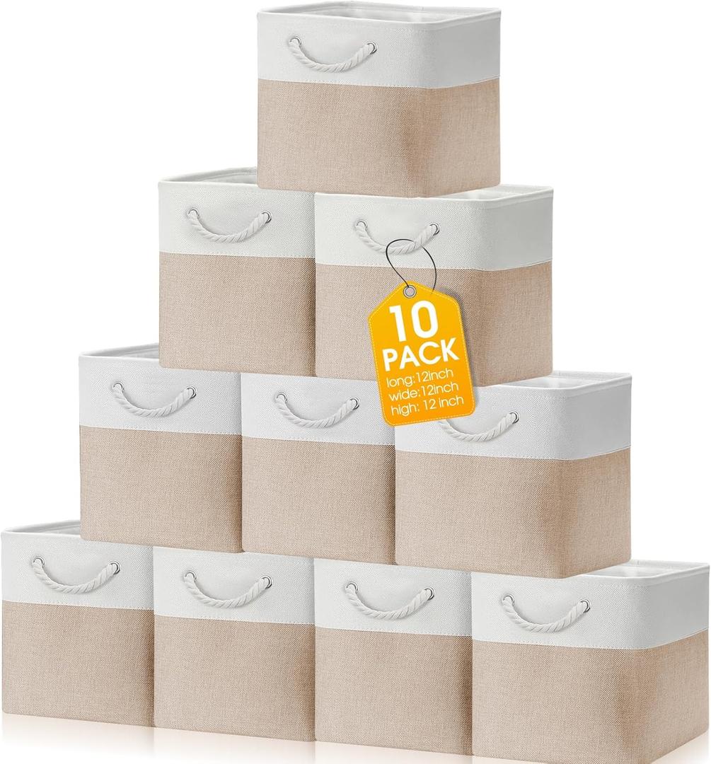 FoldTier 10 Pack Large Collapsible Fabric Storage Baskets with Handles Decorative Storage Bins for Organizing Shelves Toys Clothes(White & Beige,12 x 12 x 12 Inches)