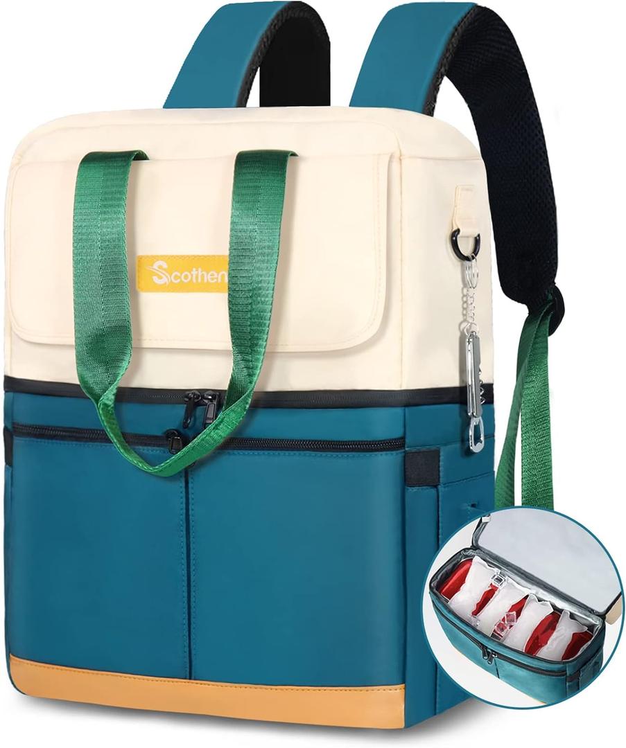 Scothen Backpack Cooler with Double Decker & 12 Ice Packs- Keeps 36 Cans Cold for Up to 24 Hours- Waterproof & Leak Proof Insulated Cooler Backpack- Stylish Cooler Bookbag for Women Travel Work Beach