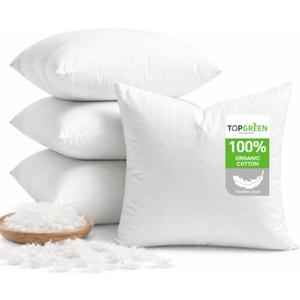 TOPGREEN Feathers Down Pillow Inserts 16x16 (Set of 4, White), 100% Organic Cotton Shell, Soft Decorative Square Throw Pillow for Living Room Sofa, Couch, or Bed