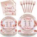 Grencian 11th Birthday Decorations Rose Gold 11th Birthday Plates and Napkins Disposable Rose Gold Official 11 Pre-Teen Paper Tableware Set for Girls 11 Year Old Party Supplies, Serves 24