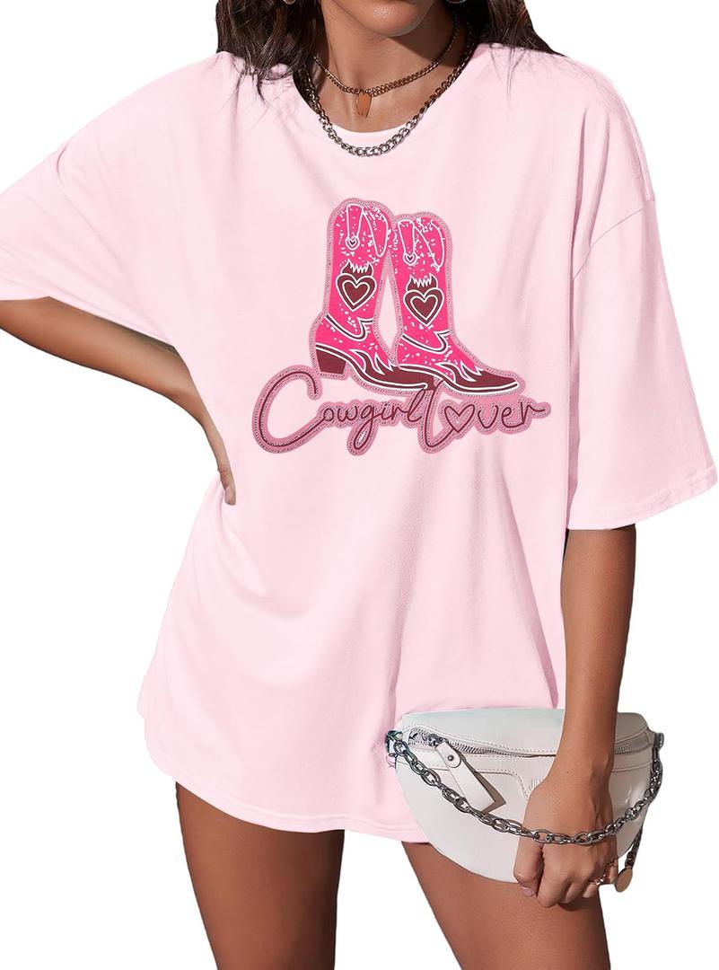 Oversized Western Cowgirl Shirts for Women Country Music Rock Band Tshirt (Pink, S)