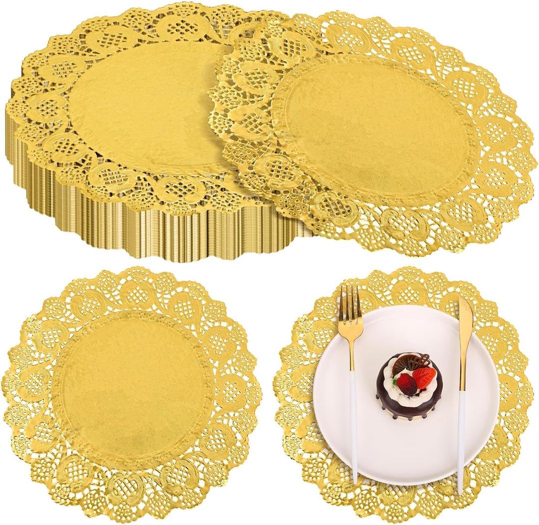 MCEAST 100 Pack Round Gold Paper Doilies 13.5 Inches Lace Place Mats Rustic Scallop Doily Disposable Paper Table Pads for Food Cakes Crafts Party Weddings Tableware Decor