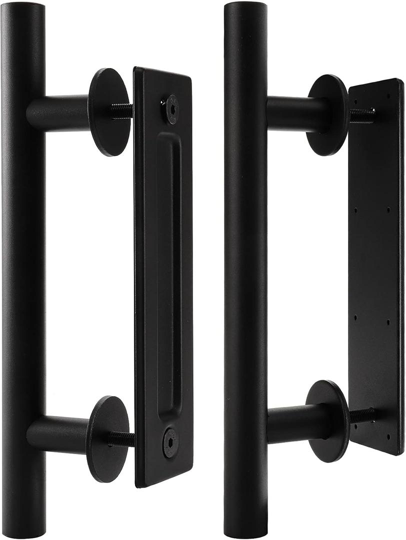 Peohud 2 Pack Sliding Barn Door Handle, Carbon Steel Pull and Flush Hardware Set, 12 Inch Heavy Duty Rustic Two-Side Design Door Hardware Set for Barn, Bedroom, Gate, Cabinet