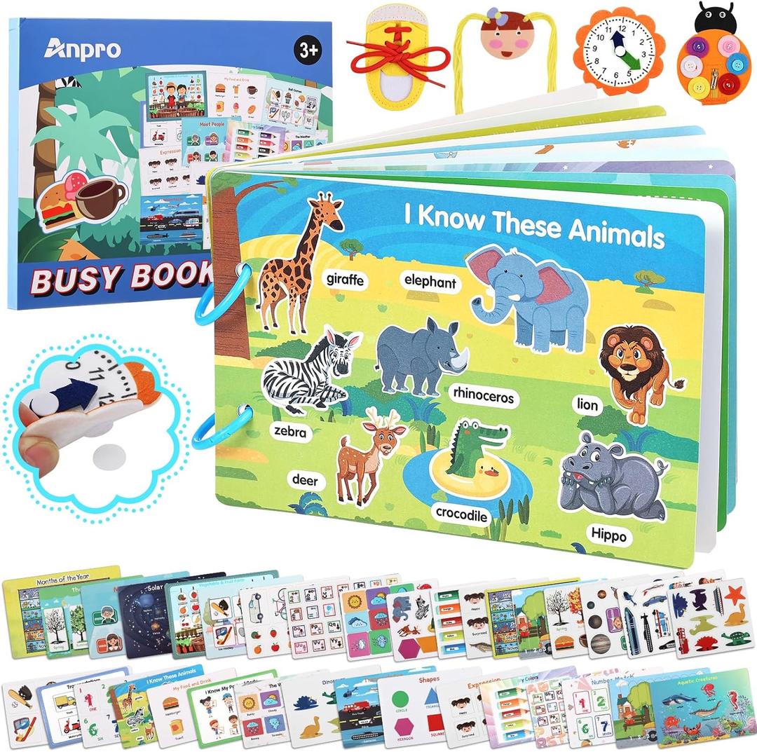 Anpro Montessori Busy Book with Felt Toys, Preschool Learning Activities with 20 Themes Learning & Coloring Books, 4 Felt Toys, Airplane Car Travel Toy Birthday Gift for Boys Girls, ACANML0101-1-AP