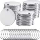 Therwen 100 Pcs 1.2 Inch Metal Stamping Blanks Silver Round Stainless Steel Blank Dog Tags with Hole Metal Polished Tags for Engraving with Key Rings for Bracelet Jewelry Making