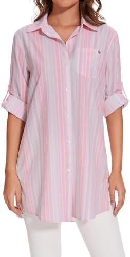 Lightbare Women’s UPF 50+ Button Down Shirt Dress Collared Long Sleeve Blouse Swimsuit Coverup Boyfriend Shirts Loose Fit