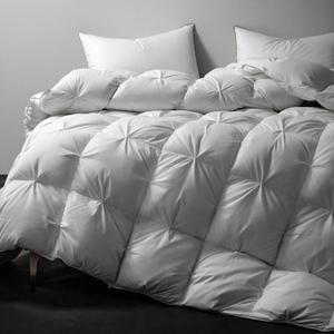 Royoliving Premium Pinch Pleat Feathers Down Comforter King Size White 100% Cotton Cover All Season Duvet Insert with Corner Tabs (106x90, 70 oz) (White Twisted Flower)