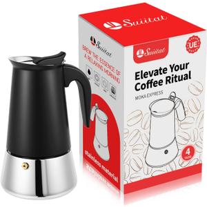 Moka Pot, 4 Cups (7.1 oz) Stovetop Espresso Maker, 304 Stainless Steel Moka Pot, Induction Compatible, Black