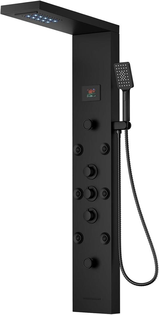 Black Shower Panel Tower System Stainless Steel LED Rainfall Waterfall Shower Head 5-Function Faucet Rain Massage System Wall Mount with 8 Body Jets, Handheld, and Tub Spout