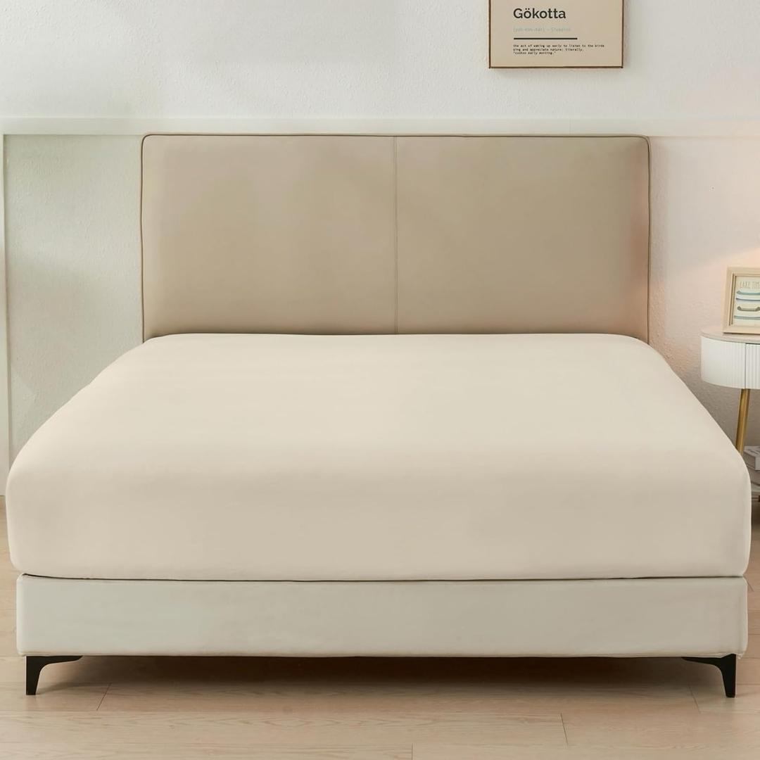 GOKOTTA King Fitted Sheet Only, 16-Inch Deep Pocket King Size Fitted Sheet with Elastic Corner Straps -Washed & Brushed Microfiber Polyester- Ultra Soft, Hotel Luxury, Non Slip, Wrinkle-Free - Beige