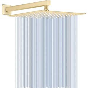 12 Inch Brushed Gold Rain Shower Head with Extension Arm, Rainfall Square Showerhead with 16 Inch Shower Arm All Stainless Steel, 144 Outlets Waterfall Full Body Coverage