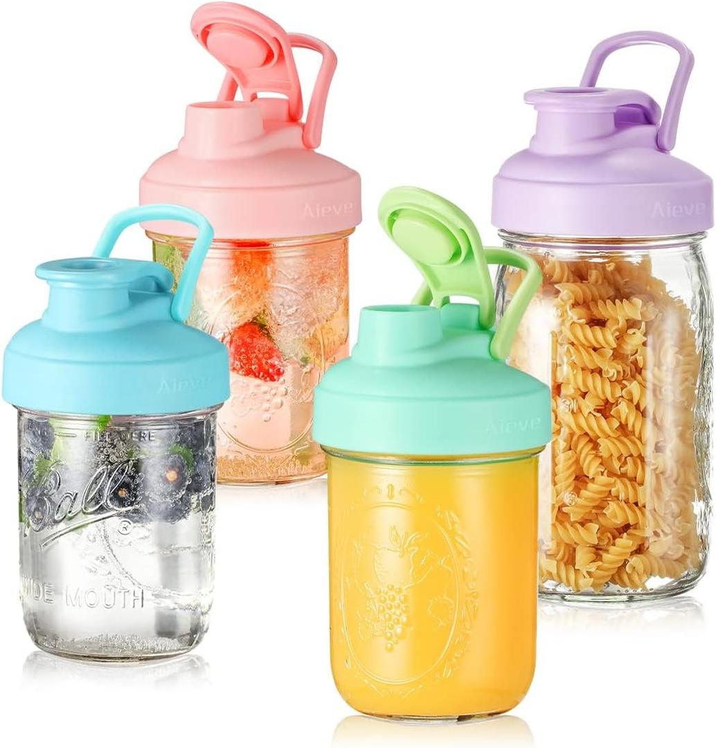 Aieve Mason Jar Lids, 4 Pack Wide Mouth Mason Jar Pour Spout Lid, Canning Lids with Flip Top Lid, Leak-Proof