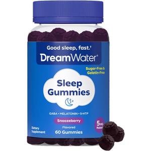 Dream Water Sleep Gummies; Melatonin Gummies with GABA & 5-HTP; Sleep Aids for Adults; Natural Flavors and Colors; Snoozeberry Flavor, 60 Count, BBD: 08/2026