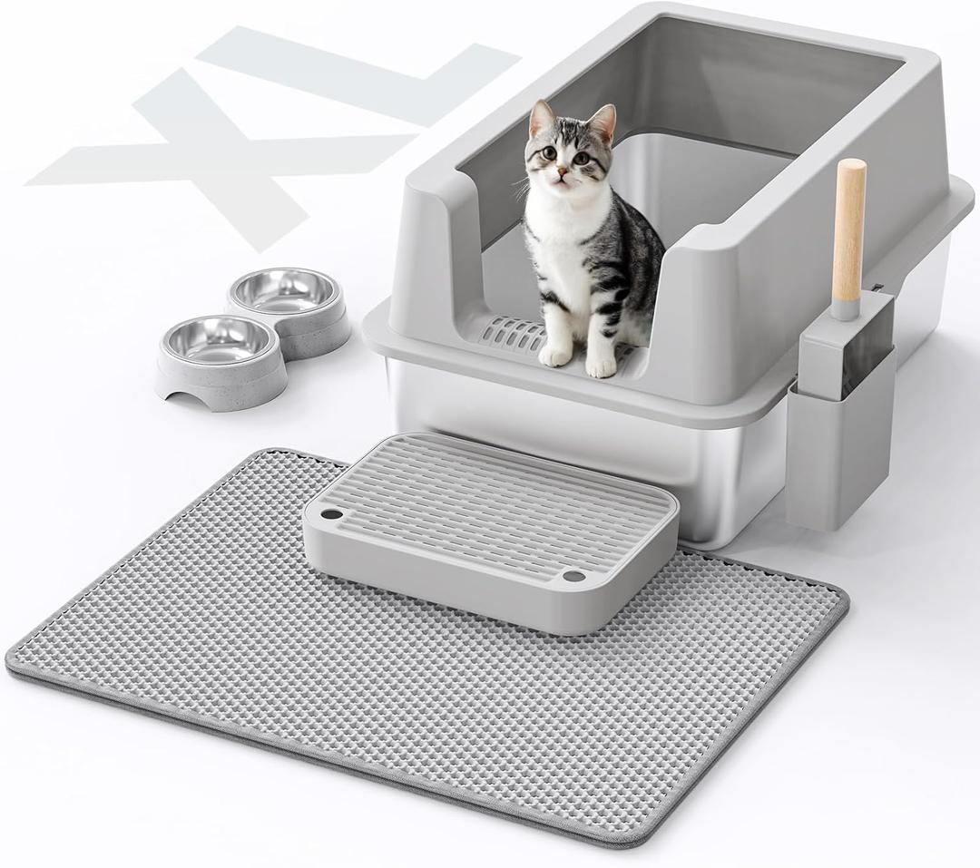 Stainless Steel Cat Litter Box - Enclosed XL Metal Kitty Litter Box with Lid for Big Cats, High Sided, Anti-Leakage, Easy Cleaning, Non-Sticky, Included Litter Mat, Cat Bowl & Spoon (Grey)