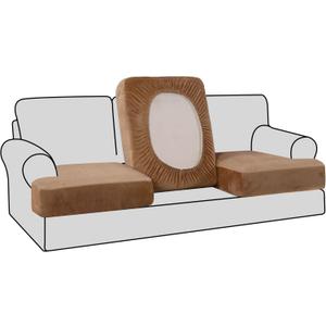H.VERSAILTEX Stretch Velvet 3 Piece T Cushion Sofa Slipcovers - Individually Fitting Cushion Covers for 3 Cushion Couch - Stay in Place (Camel)