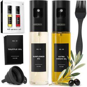 Oil Sprayer Set of 2 Oil Spray Bottle Made of Stainless Steel & Glass, for Healthy Cooking, Sprayer for Precise Dosage, for Cooking Oil & Vinegar Including (Black Lids, 2 Pack)