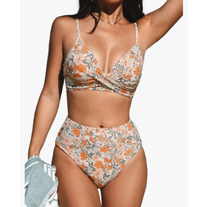 CUPSHE Women's Bikini Sets Two Piece Swimsuit High Waisted V Neck Twist Front Adjustable Spaghetti Straps Bathing Suit, Size M