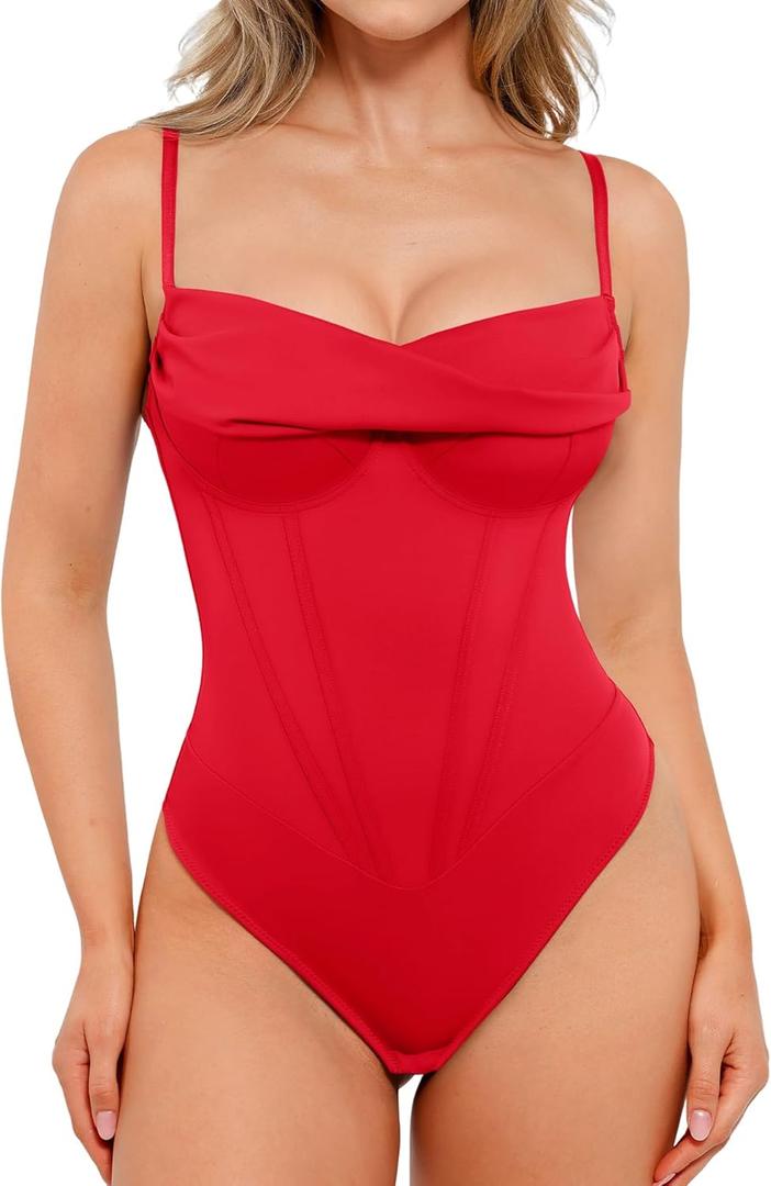 Popilush Corset Bodysuit for Women Tummy Control Shapewear Cowl Neck Tops Thong Bodysuits Concert Outfits (Medium, Red)