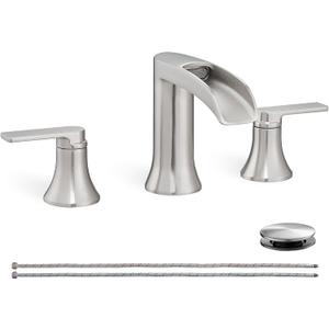 Brushed Nickel Bathroom Faucet 3 Hole, 4-8 Inch Waterfall Bathroom Sink Faucet Widespread with Drain & cUPC Supply Hose, 2 Handles for Vanity, Lavatory, Restroom, Brass Material, 10 Mins Install