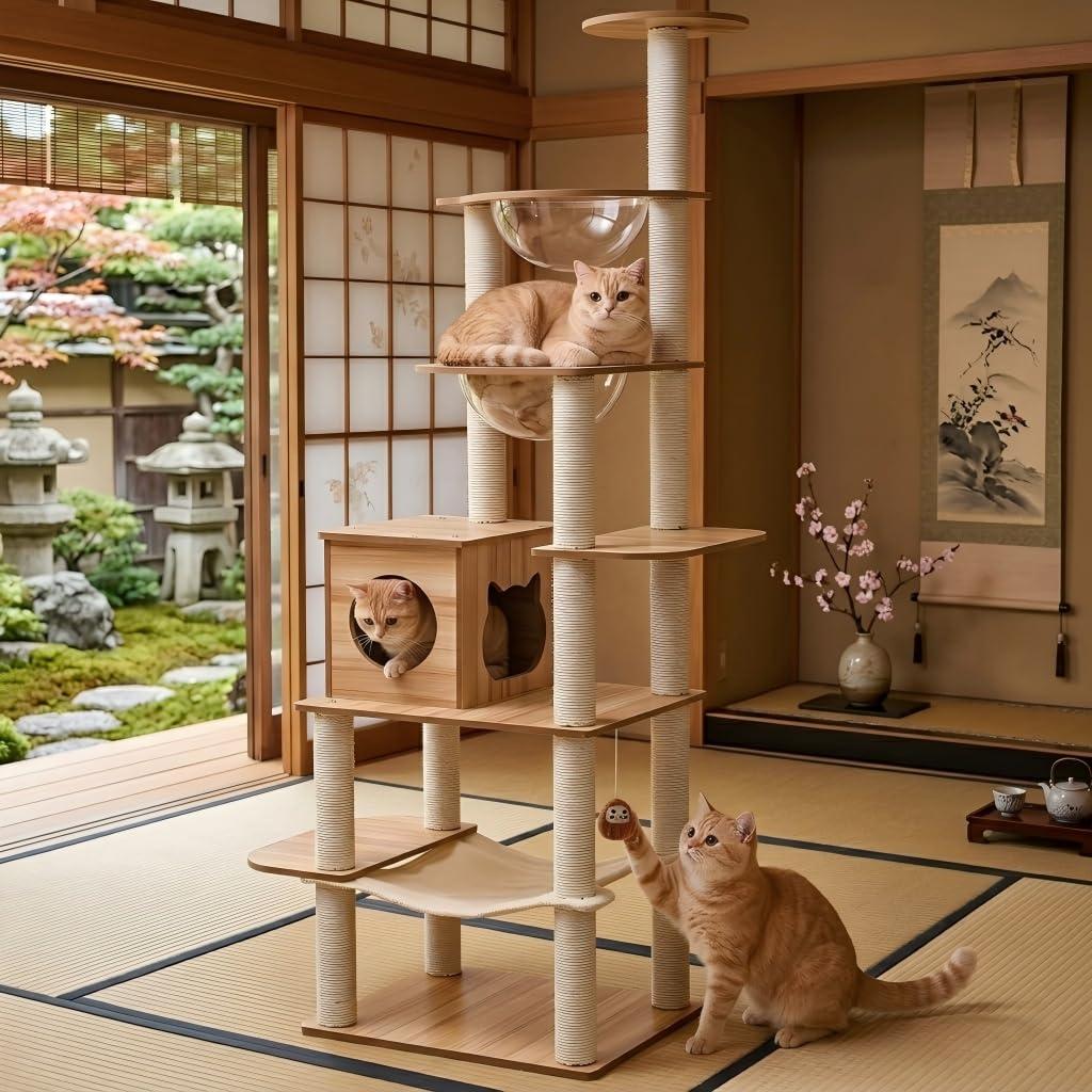 76-Inch Multi-Pure Wood-Level Cat Tree Tower with Condo, 16 Soft Plush Scratching Post,2 Space Capsule, with Cat Hammock,5-Story Perching Platform,Cat Tree for Large Cats.1115