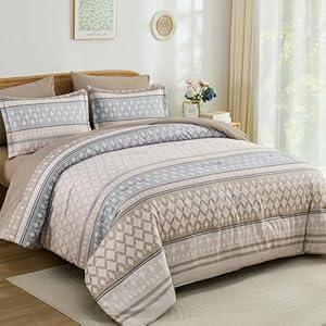 Drucon Boho Comforter Set King Size,7 Pieces Black Grey Bed in a Bag Striped Comforter Bohemian Soft Microfiber Bedding Set for All Season
