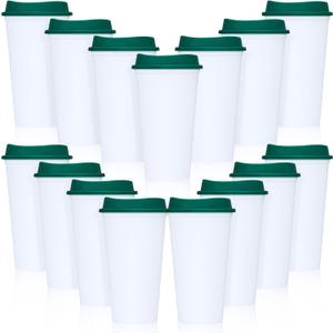 Domensi 15 Pack Reusable Coffee Cups with Lids 16 Oz Disposable Travel Cups Bulk Plastic to Go Coffee Tumblers for DIY Hot Cold Drink Party Favors Coworker, Microwaveable (White with Green Lid)