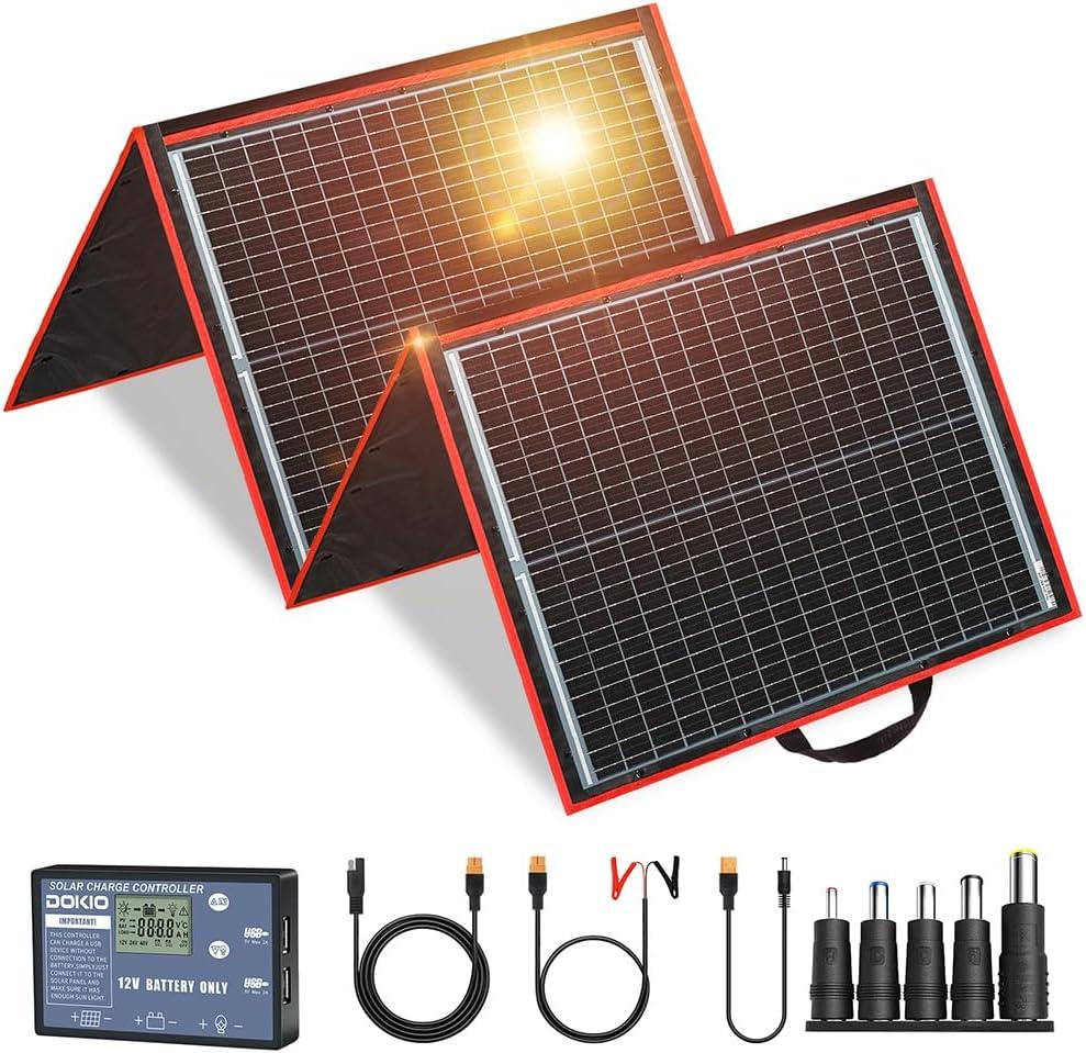 DOKIO 150W Portable Foldable Solar Panel Kit, Compact 21x20in Design 7.3lb with Standalone Controller and USB, Monocrystalline Charger for 12V Batteries, Power Stations, RV Camping Emergency Use (160w)