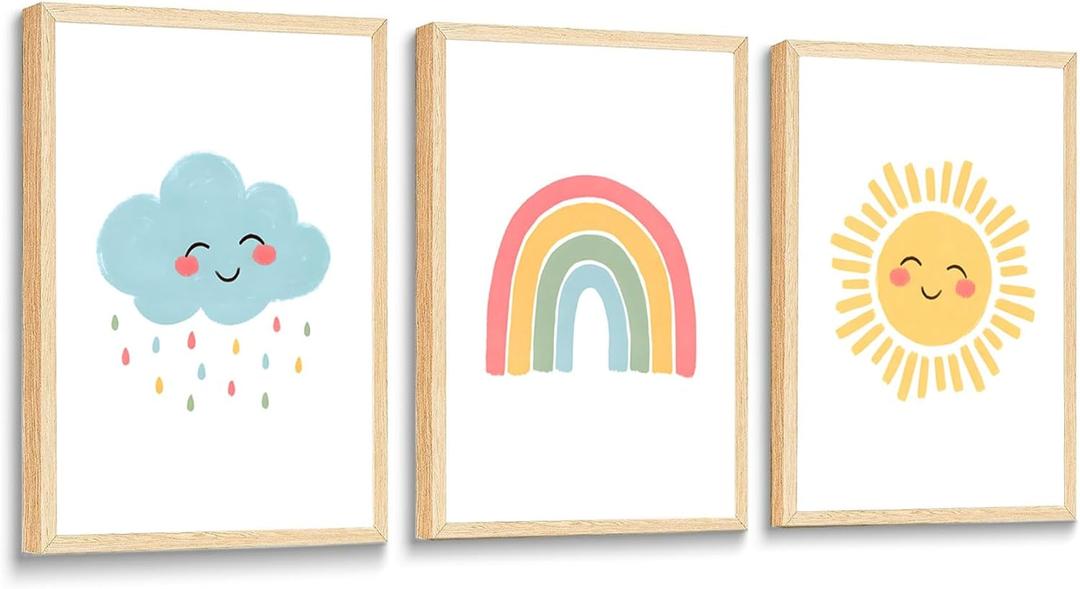 LINATKYY 3Pcs Nursery Wall Art Canvas Prints Cute Sun Rainbow Dark Clouds Posters Pictures Sunny Rainy Decoration for Baby Kids Children's Room Painting Classroom Bedroom Wall Decor 16x24in Unframed
