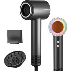 Hair Dryer, High Speed Ionic Blow Dryer, 5X-Fast Drying, 2 Billion Negative Ions, Low Noise,160000 RPM, Compact Blow Dryer with Magnetic Diffuser for Faster Drying All Hair Types(Black Gray)