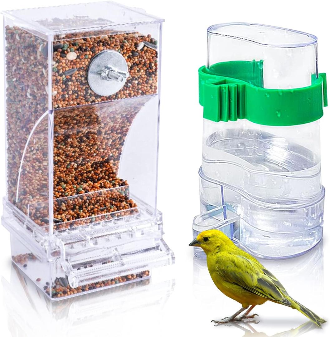 Hamiledyi No Mess Bird Feeders Automatic Parrot Feeder Drinker Acrylic Seed Food Container Parakeet Water Dispenser Cage Accessories for Lovebirds Budgies Canary Finch (Translucent Feeder + Drinking Bottle)