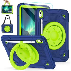 for iPad (A16) 11th Generation Case 11 Inch 2025, iPad 10th Generation case 10.9 Inch 2022, Shockproof Case with Screen Protector, 360 Rotating Stand Shoulder Strap Pencil Holder (Navy+Green)