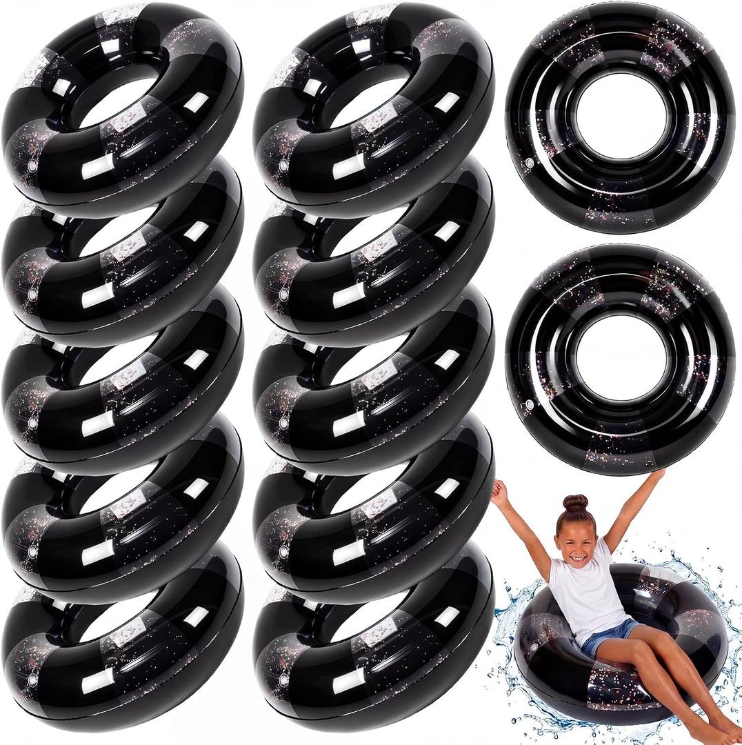 Simgoing 12 Pack Inflatable Pool Floats for Kids 24 Inch Glitter Swimming Ring with Sequined Inflatable Pool Tubes Toys for Boy Girl Summer Vacation Beach Party Favors