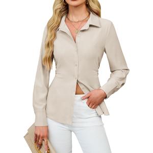 Blooming Jelly Womens Button Down Shirts Business Casual Fall Outfits Long Sleeve Peplum Tops Dressy Work Blouse (Small, Beige)