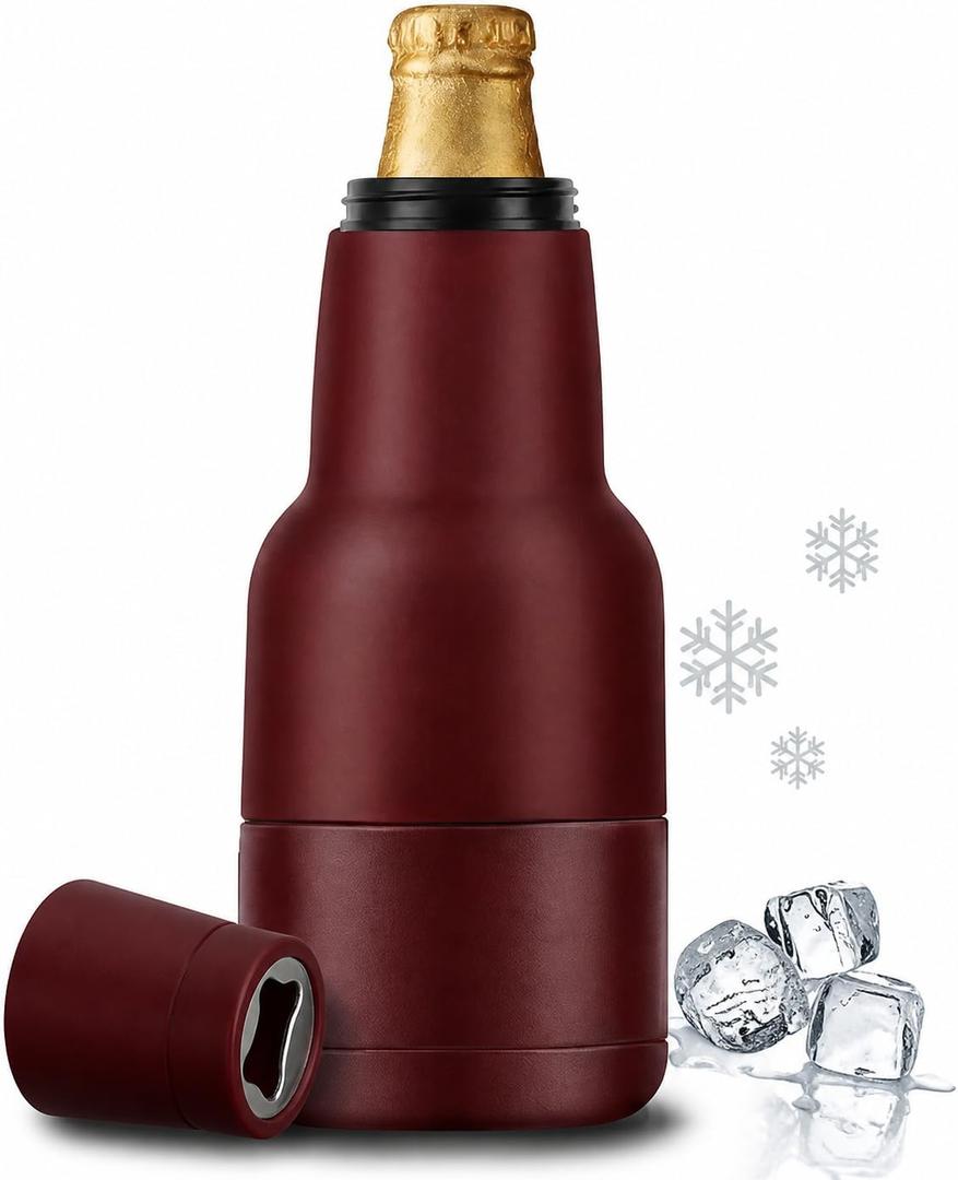 Beer Gift for Men, Lightweight Modelo Beverage Beer Bottle Cooler w/Beer Opener - Double Walled Stainless Steel 12oz. Modelo Beer Bottle Insulator Holder(Black cherry)