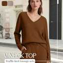 2 Pack Women's Waffle Knit Lounge Sets Long Sleeve V Neck Pajama Sets Tops and Shorts Loungewear with Pockets (Medium, Caramel, Khaki)