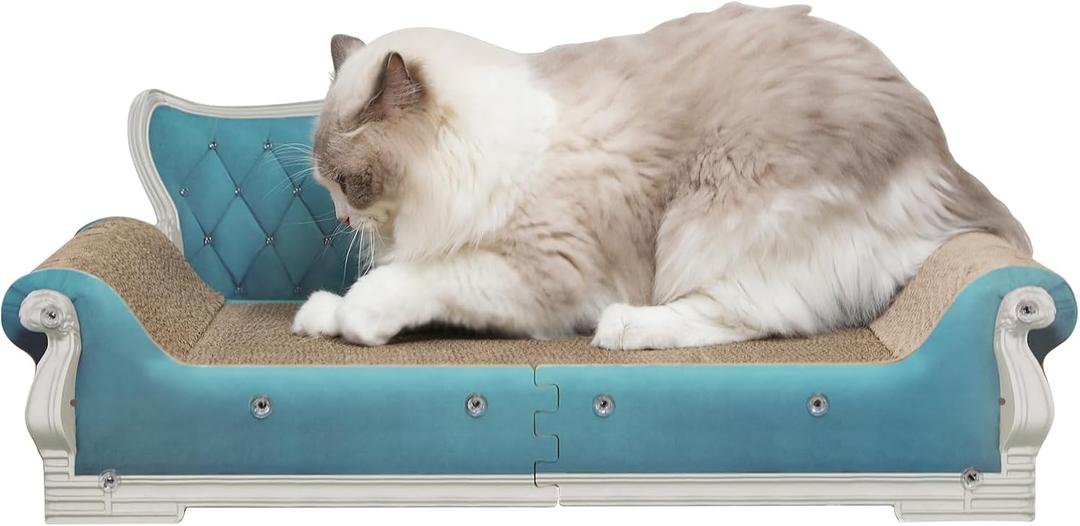 Cat Sofa Shape Scratch Pad for Large Medium Small Indoor Cats,Larger-Sized Recyclable Reversible Cardboard Cat Couch for Resting Claw Grinding and Playing (27.5inch / Blue)