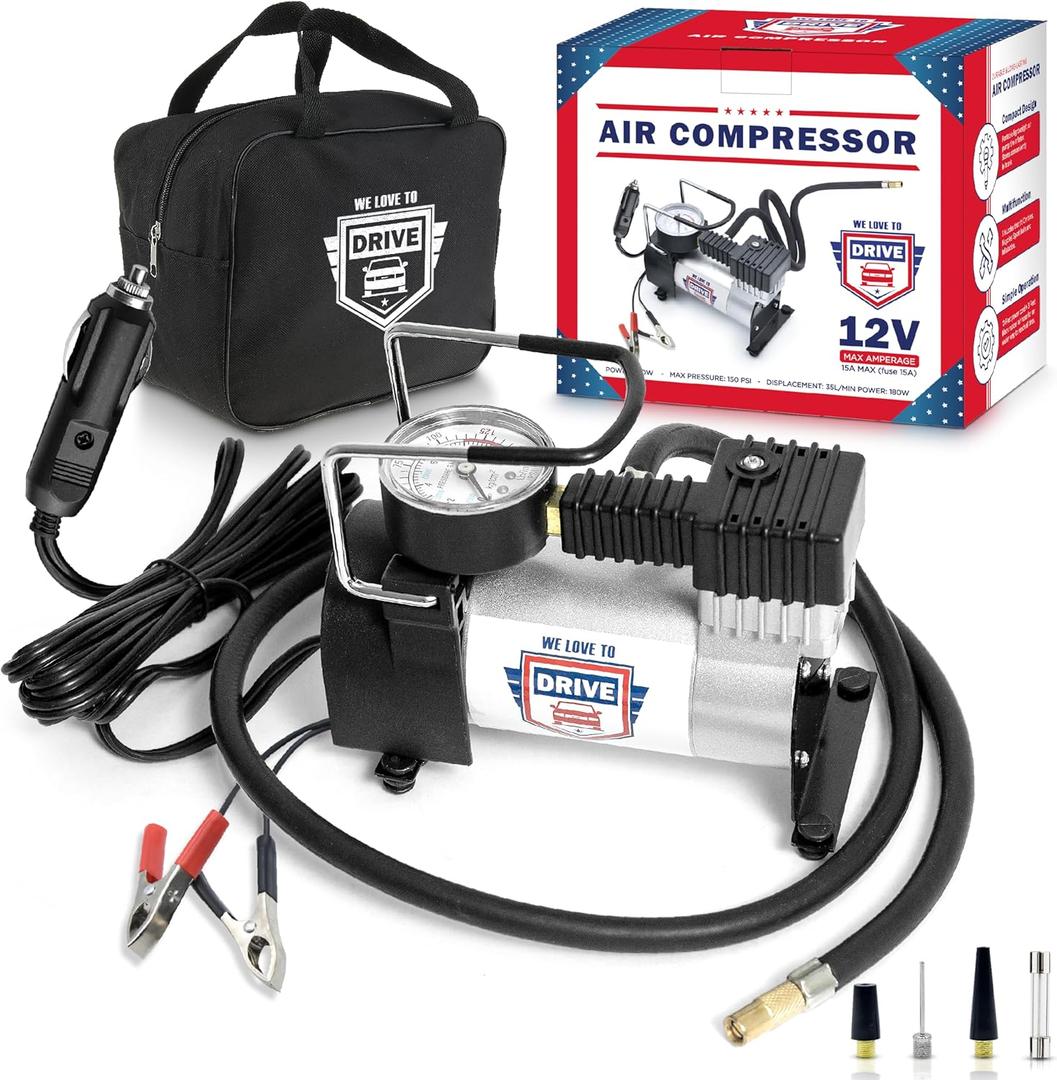 Tire Inflator Portable Air Compressor For Car Tires & Inflatables, 12V DC One Cylinder Air Pump For Emergency Kit with 150 PSI Pressure Gauge, Adaptors, Hose, Car Plug, Clip Connectors & Carry Bag (Silver)