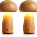LONRISWAY 2 Pack Wooden Mushroom Lamp, Portable Cordless Touch Switch Small Rechargeable Battery Operated Lamp,Stepless Dimming,